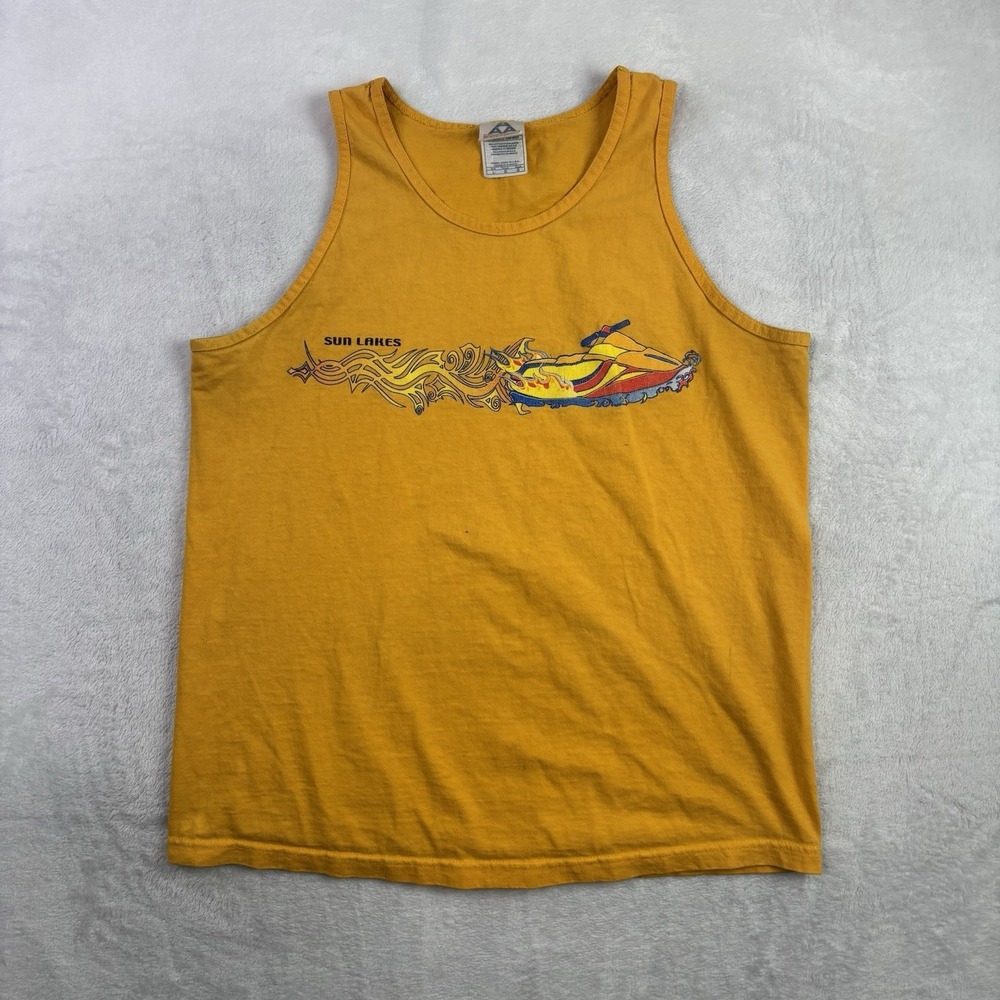 VTG AAA Sun Lakes Yellow Sleeveless Tank Top Graphic Shirt Men's Large